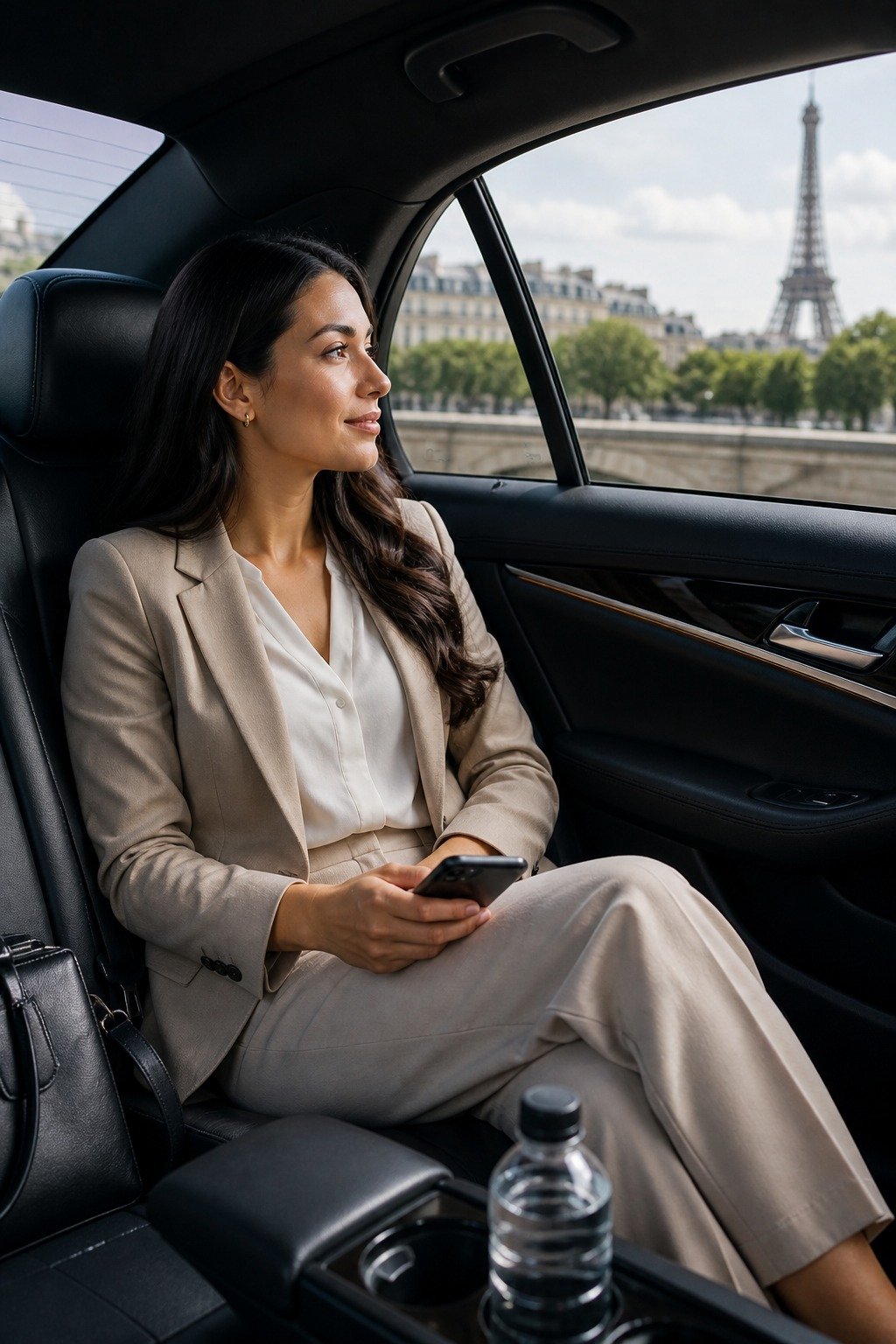 Passenger relaxing inside luxury private taxi Paris